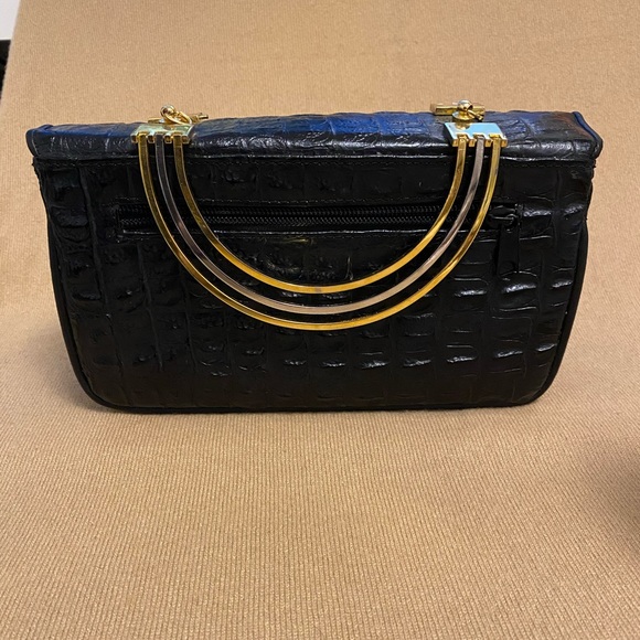 Joy Brandy Exotic Crocodile Patent Leather Satchel Clutch Goldtone Handles small - Picture 2 of 9